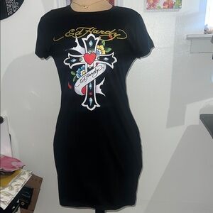 Ed Hardy Black Mini Dress with Vibrant Cross Graphic